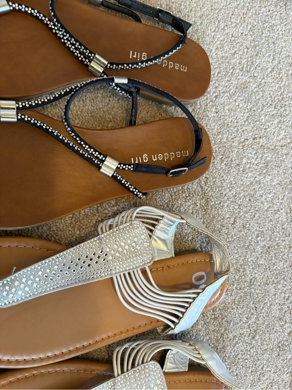 Madden Girl Silver and Black Rhinestone T-Strap Sandals